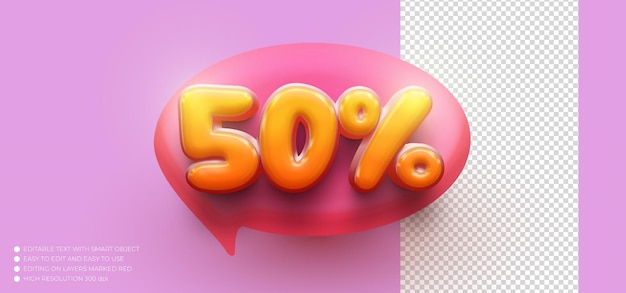PSD bewerkbare tekst nummer 3d-stijl zeepbel spraakpictogram met korting van 50 procent