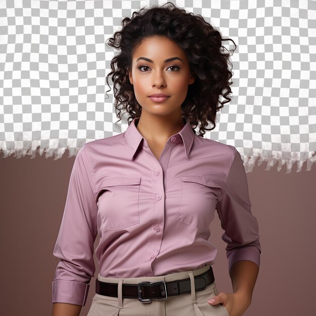 A bewildered adult woman with kinky hair from the mongolic ethnicity dressed in database administrator attire poses in a relaxed stance with hands in pockets style against a pastel mauve ba