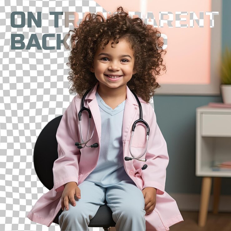 PSD a bewildered child girl with curly hair from the hispanic ethnicity dressed in physician assistant attire poses in a seated with one hand raised style against a pastel rose background