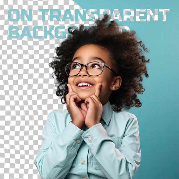 A bewildered child girl with kinky hair from the african american ethnicity dressed in optometrist attire poses in a laughing with hand covering mouth style against a pastel sky blue backgro