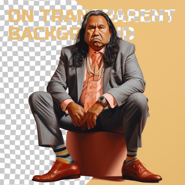 PSD a bewildered middle aged man with long hair from the aboriginal australian ethnicity dressed in politician attire poses in a seated with one hand raised style against a pastel beige backgro