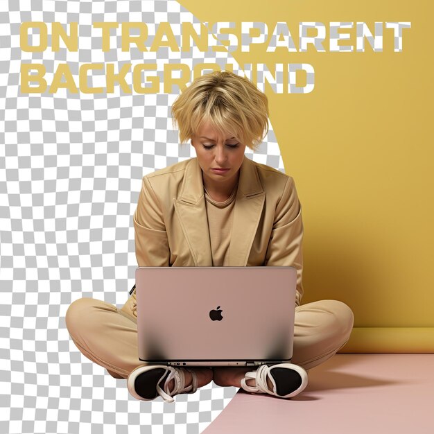 PSD a bewildered middle aged woman with short hair from the scandinavian ethnicity dressed in information systems manager attire poses in a sitting cross legged on the floor style against a pas