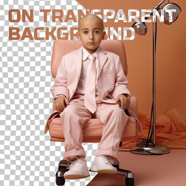 PSD a bewildered preschooler boy with bald hair from the south asian ethnicity dressed in orthopedic surgeon attire poses in a laid back chair lean style against a pastel apricot background