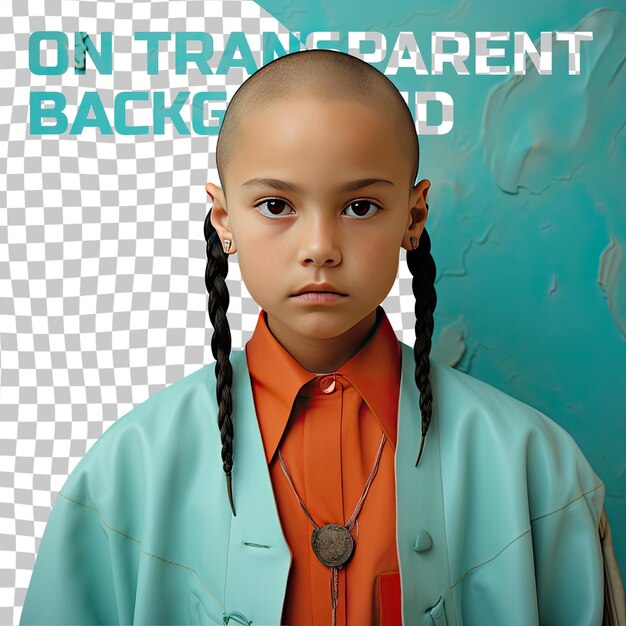 PSD a bewildered preschooler girl with bald hair from the native american ethnicity dressed in landscape architect attire poses in a soft gaze with tilted head style against a pastel turquoise b