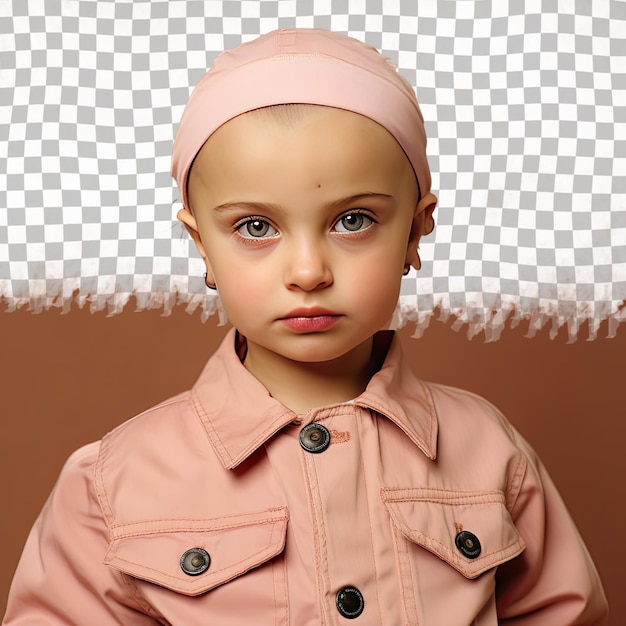 PSD a bewildered preschooler girl with bald hair from the scandinavian ethnicity dressed in carpenter attire poses in a back to camera with turned head style against a pastel beige background