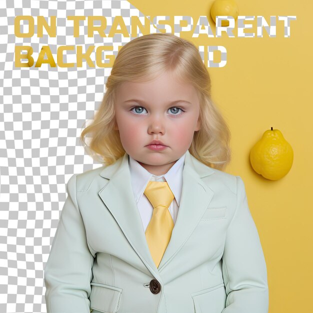 PSD a bewildered preschooler girl with blonde hair from the mongolic ethnicity dressed in real estate agent attire poses in a gentle hand on cheek style against a pastel lemon background