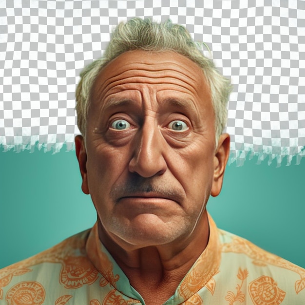 A bewildered senior man with short hair from the south asian ethnicity dressed in creating pottery attire poses in a close up of eyes style against a pastel turquoise background