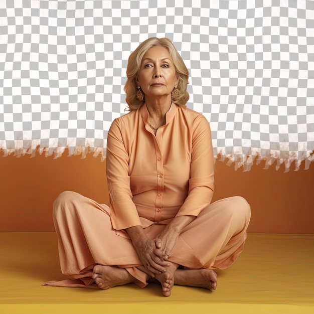 PSD a bewildered senior woman with blonde hair from the south asian ethnicity dressed in diplomat attire poses in a seated pose with crossed legs style against a pastel apricot background