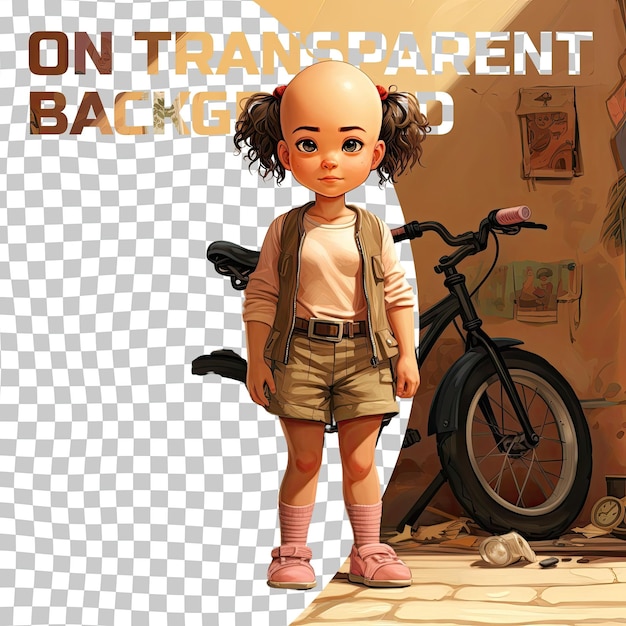 Una bambina sconcertata con i capelli calvi dell'etnia uralica vestita con abiti da ciclismo in città posa in una posizione rilassata con le mani in tasca sullo sfondo beige pastello
