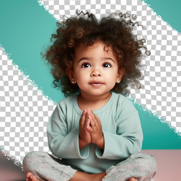 PSD a bewildered toddler woman with curly hair from the southeast asian ethnicity dressed in practicing yoga attire poses in a gentle hand on cheek style against a pastel turquoise background