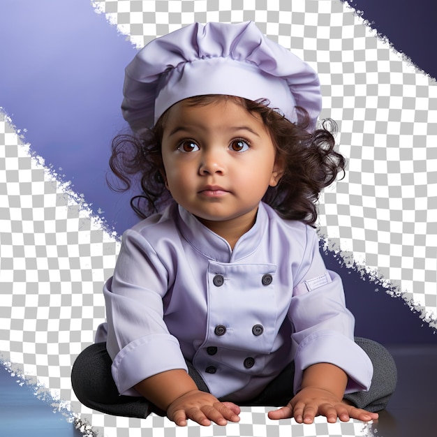 A bewildered toddler woman with long hair from the native american ethnicity dressed in chef attire poses in a leaning forward with elbows on knees style against a pastel periwinkle backgro