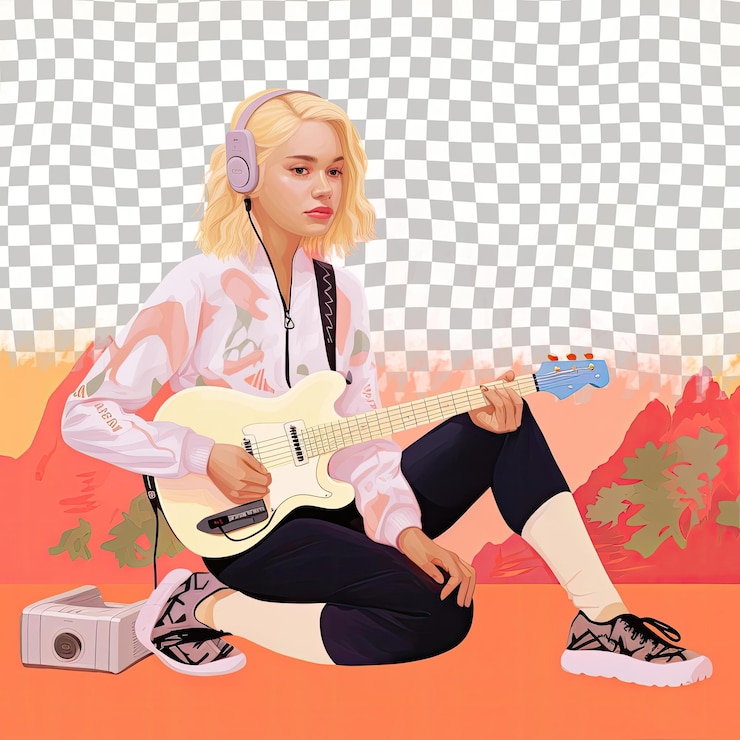 PSD オーストラリアのアボリジニ族のブロンドの ⁇ を着た困惑した若い成人女性 ⁇ 音楽アルバムを聴く服装を着て ⁇ パスに逆らって片足を曲げて座っているスタイルでポーズをとります ⁇ 