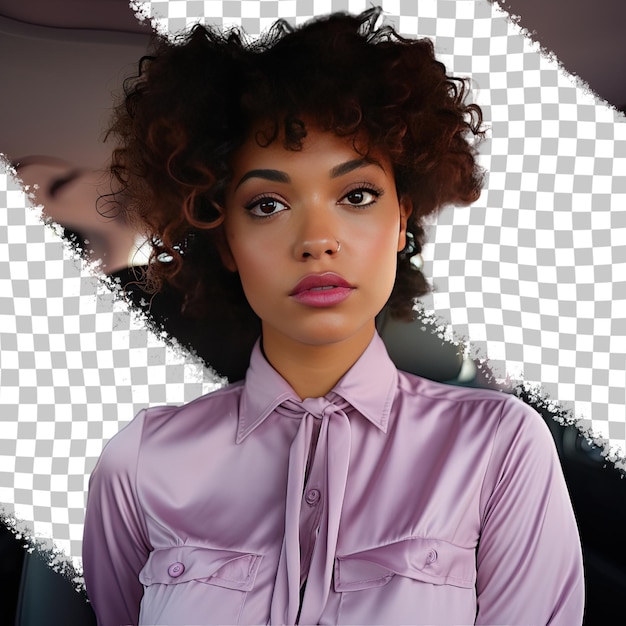 PSD a bewildered young adult woman with curly hair from the african american ethnicity dressed in cab driver attire poses in a back to camera with turned head style against a pastel lilac backg