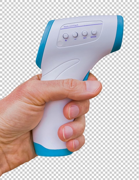 PSD bezkontaktowy termometr medyczny w ręku izolowany na przezroczystym tle