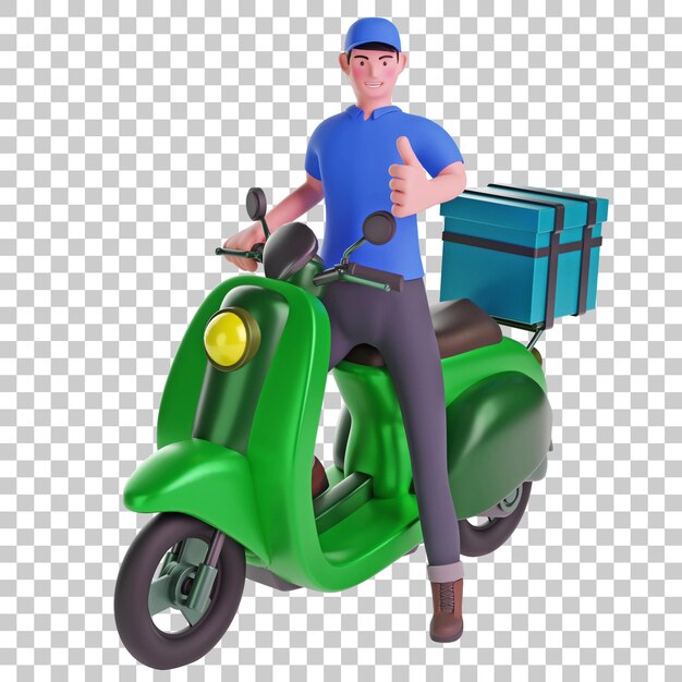 Bezorger in een scooter met duimen omhoog 3d illustratie