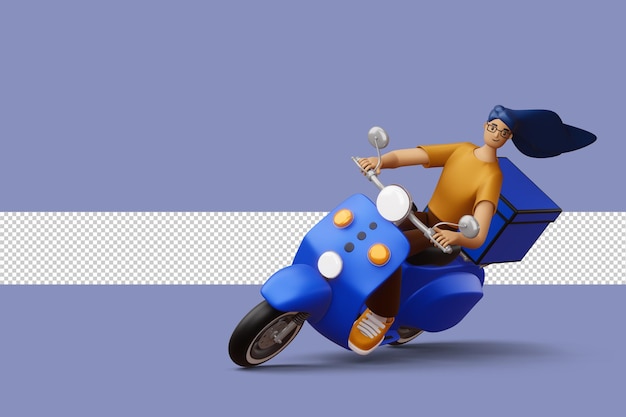 Bezorger op een motorfiets met bezorgdoos 3d-rendering