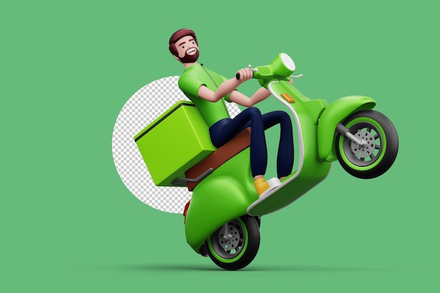 Bezorger op een motorfiets met bezorgdoos 3d-rendering