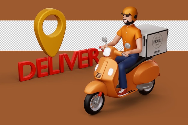 Bezorger op een motorfiets met bezorgdoos in 3D-rendering