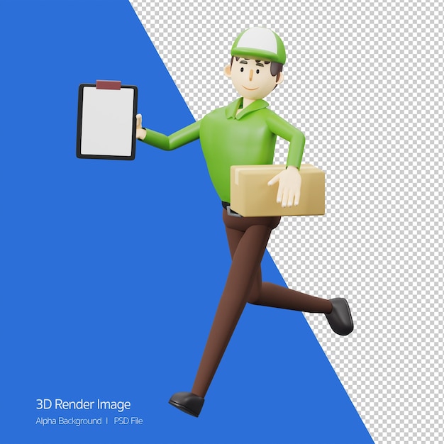 Bezorgservice concept bezorger draait met een doos en witte lijst3d-rendering cartoon afbeelding