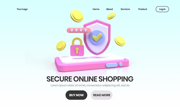 PSD bezpieczna ilustracja koncepcji zakupów online szablon strony docelowej dla tła koncepcji pomysłu na biznes