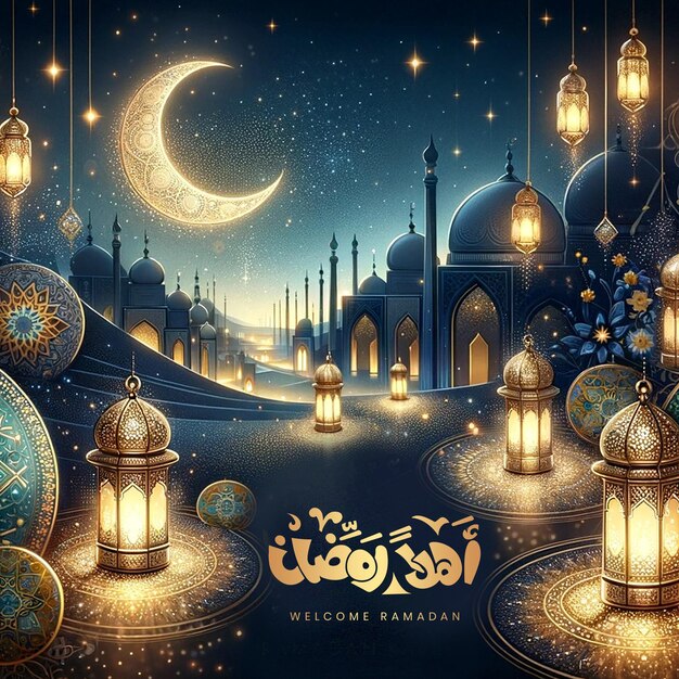 PSD bezpłatny luksusowy wektor realistyczny pozdrowienie ramadan kareem mubarak arabski ramazan baner post kaligrafia