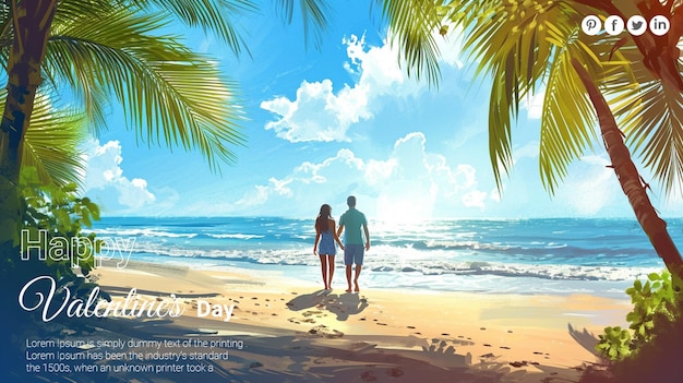 PSD bezpłatny psd szczęśliwego dnia walentynek poster mediów społecznościowych para na plaży miłość i opieka