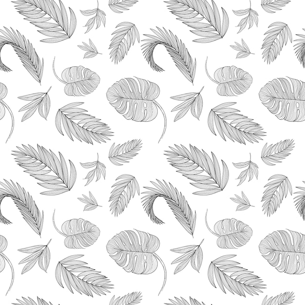 Bezszwowy wzór liści tropikalnych w stylu line art, malarstwo cyfrowe