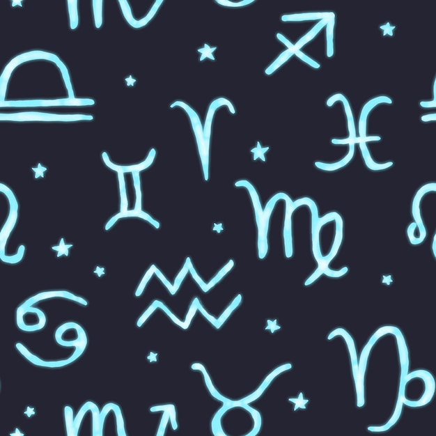 Bezszwowy wzór nierównomiernie narysowanych gwiazd i znaków zodiaku w kolorze niebieskim z efektem blasków