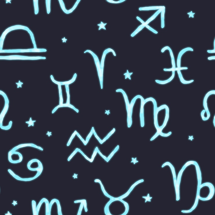 PSD bezszwowy wzór nierównomiernie narysowanych gwiazd i znaków zodiaku w kolorze niebieskim z efektem blasków