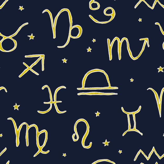 Bezszwy wzór dzieci rysujących ręcznie ołówkami symbole znaków zodiaku i gwiazd