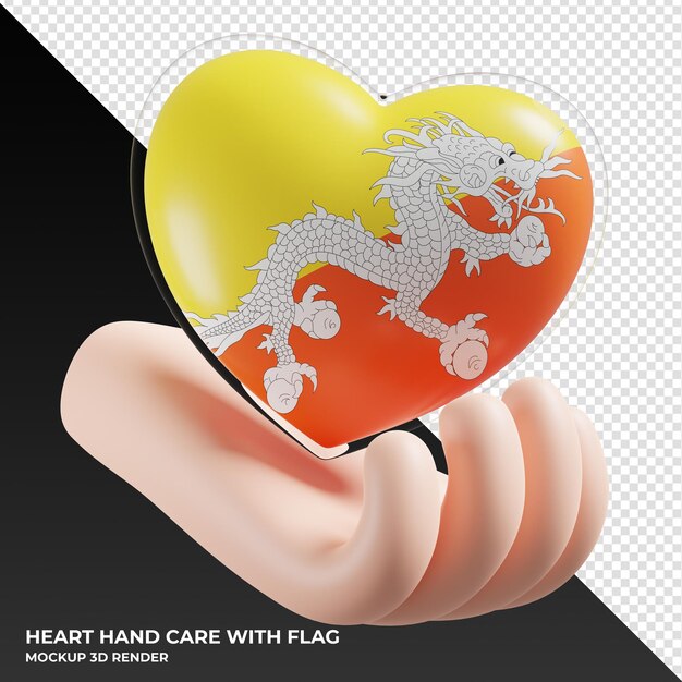 PSD bhutan flag with heart hand care realistic 3d textured