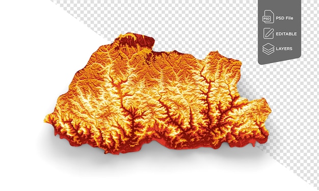 Mappa del bhutan con i colori della bandiera giallo e rosso mappa in rilievo su sfondo bianco illustrazione 3d