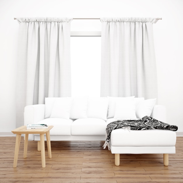 biała sofa pod oknem
