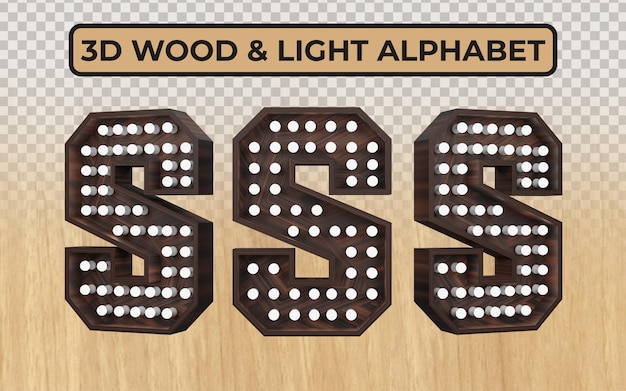 PSD biała żarówka w realistycznych drewnianych literach alfabetu 3d