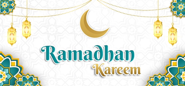 PSD białe tło ze złotym i niebieskim księżycem oraz napisem ramadan kareem.