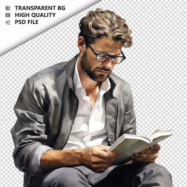PSD biały człowiek czyta w ultra realistycznym stylu na białym tle
