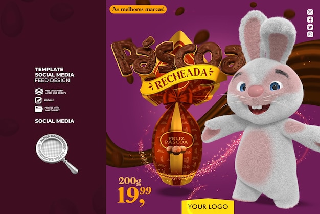 PSD biały króliczek z czekoladowym napisem i czerwonym jajkiem wielkanocnym premium psd