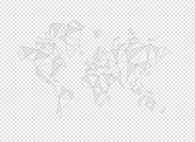 Biały kształt mapy świata wykonany z ilustracji 3D wielokątów na przezroczystym tle