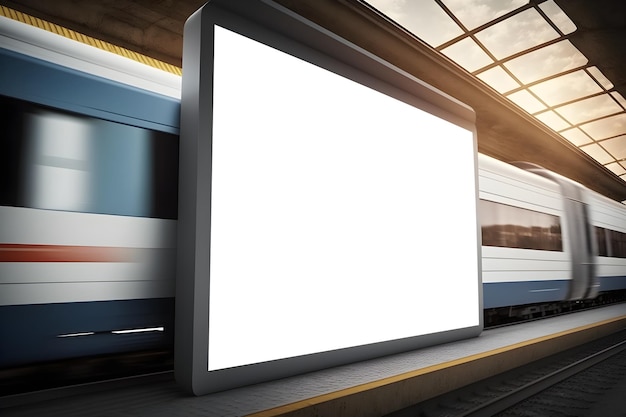 PSD biały pionowy billboard poziomy na stacji kolejowej, billboard reklamowy z przejeżdżającym pociągiem