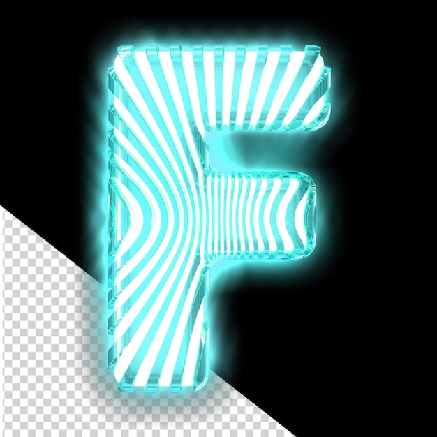 PSD biały symbol 3d z bardzo cienkimi turkusowymi świetlnymi pionowymi paskami litera f