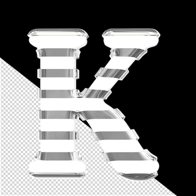 PSD biały symbol 3d z cienkimi srebrnymi poziomymi paskami litera k