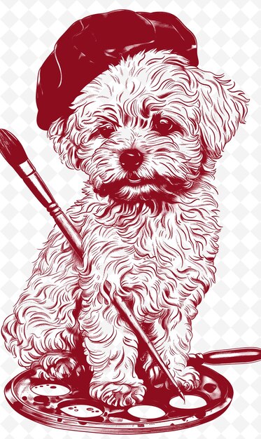 PSD bichon frise met een schilder beret en palette op zoek naar creat dieren sketch art vector collecties