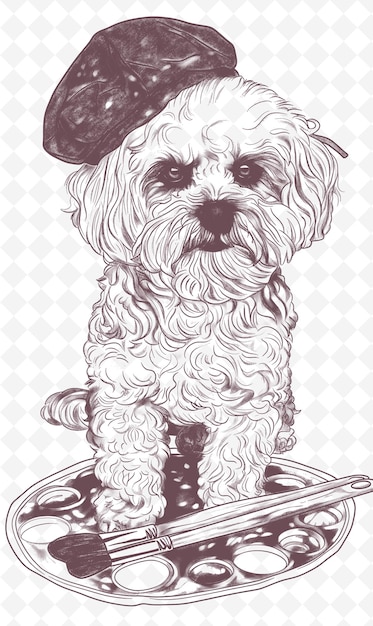 PSD bichon frise met een schilder beret en palette op zoek naar creat dieren sketch art vector collecties