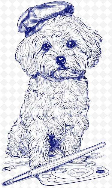 PSD bichon frise with a painters beret and palette looking creat animals sketch art vector collections