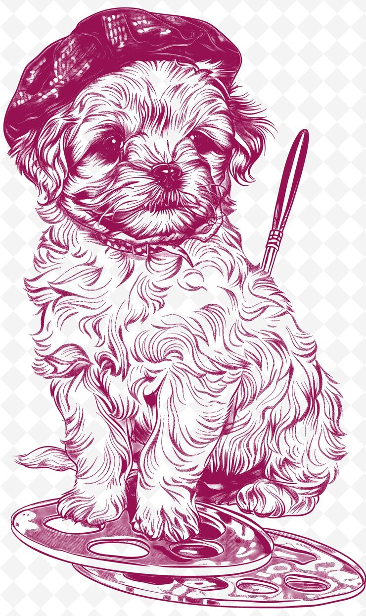 PSD bichon frise z malarskim beretem i paletą creat animals sketch art vector collections