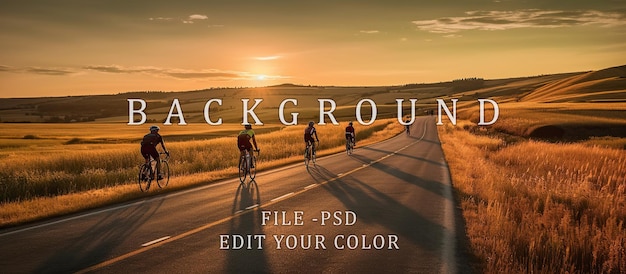 Bicyclists cross an asphalt road in the middle of a grassland