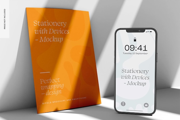 PSD brochure bifold e smartphone mockup, vista a sinistra