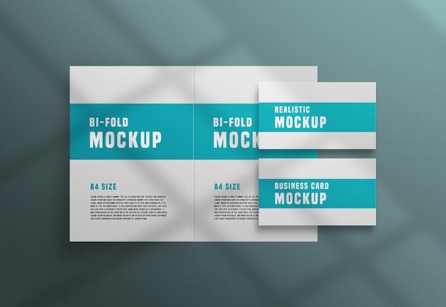 Brochure bifold con mockup psd di biglietti da visita