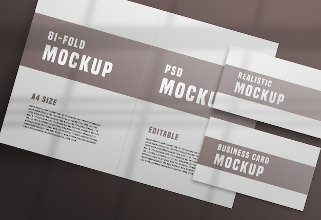 Brochure bifold con mockup psd di biglietti da visita