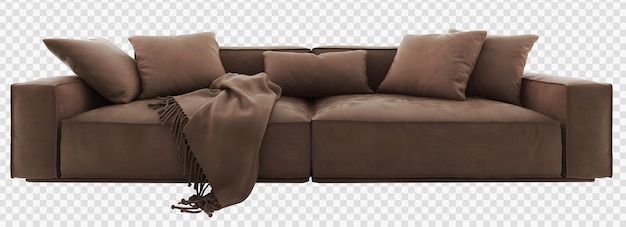 透明な背景に大きな茶色のソファと枕。 3d レンダリング